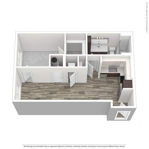 A 3D rendered image of a house layout.